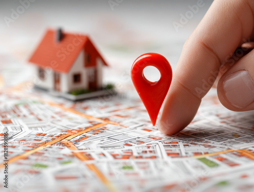 Fototapeta Naklejka Na Ścianę i Meble -  Finger placing a red location marker on a detailed city street map with a small model house in the background representing real estate or navigation concepts