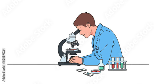 Scientist Examining Sample with Microscope in Lab