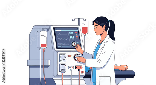 Healthcare Professional Operating Dialysis Machine Medical Technology and Patient Treatment