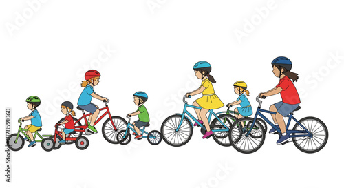 Diverse group of children and adults enjoying a leisurely bike ride, showcasing different ages and stages of cycling proficiency on various bicycle sizes