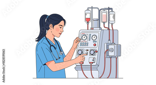 Medical Professional Administering Hemodialysis Treatment Healthcare and Renal Care Illustration