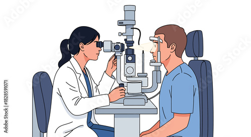 Ophthalmologist conducts a detailed eye examination on a patient using a slit lamp, illustrating routine check-ups and vision care