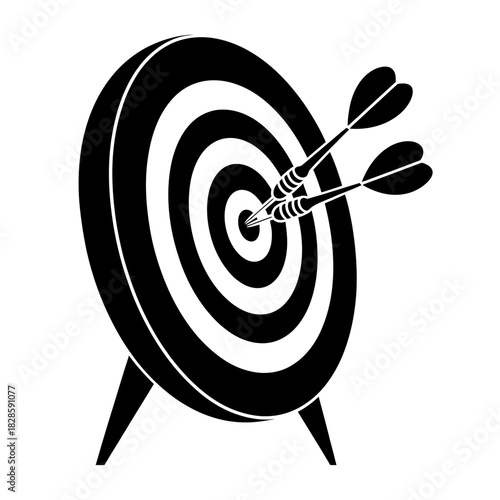 Two darts hitting the bullseye on a target in black and white simple success illustration graphic