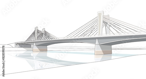 Architectural Illustration Modern Cable-Stayed Bridge Over Calm Waters, Reflecting in the River