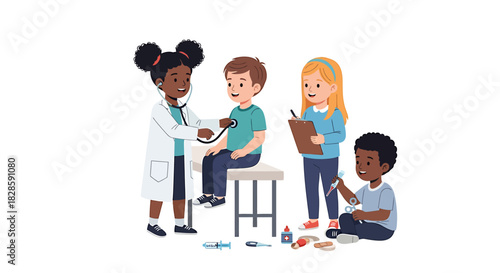 Diverse children engaging in imaginative doctor and patient role-play, fostering creativity and early learning about healthcare, promoting social development and joyful playtime