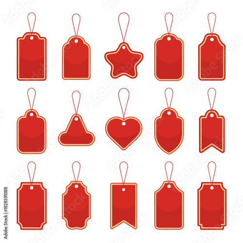 Collection of fifteen varied red and gold price tags or labels for holiday sales and special promotions