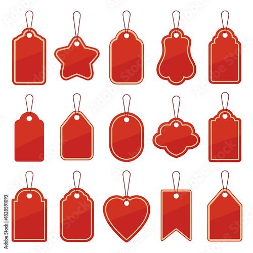 Assorted Red Gift Tags and Price Tags with String for Presents and Sale Items Variety of Shapes and Designs