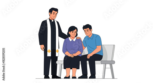Supporting grieving couple A compassionate priest offers comfort during a difficult time, showing empathy and care