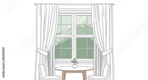 Cozy room interior with a large window draped in elegant white curtains, featuring a small round table and two modern chairs, offering a serene view of lush green foliage