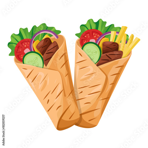 Delicious Shawarma Wraps with Fresh Vegetables and Tender Meat Illustration Two Shawarma Wraps Side by Side