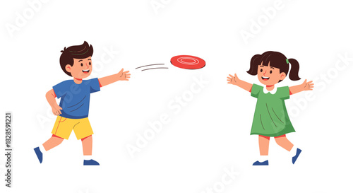 Vector illustration of a young boy throwing a red flying disc to a little girl, enjoying a fun outdoor game together on a summer day