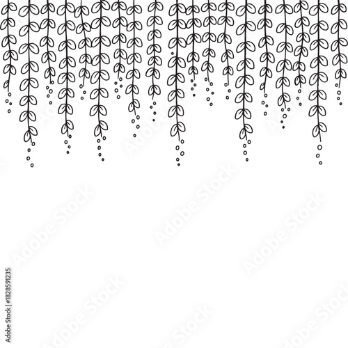 Hand-drawn hanging vines sketch. Botanical line art of trailing ivy plants for a decorative top border or frame.