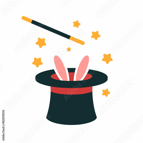 Magical illustration with black top hat bunny ears magic wand and sparkling stars in vector format perfect for kids content