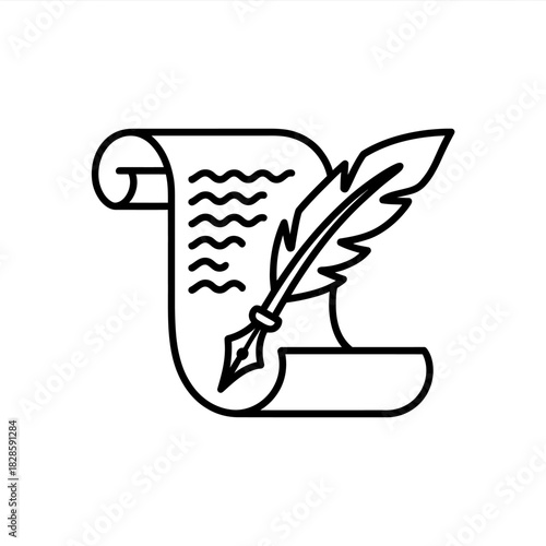 Ancient Scroll and Quill Pen Illustration Line Art for Historical Writing and Literature Concepts Artistic Design Element