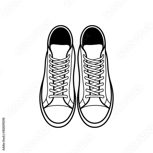 Black and White Outline Drawing of Canvas Sneakers with Laces Top View Fashion and Active Lifestyle Graphic Resource