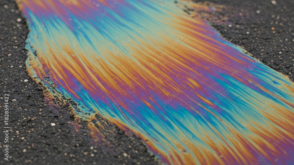 Naklejka premium Stunning iridescent spill shimmers with vibrant colors on asphalt, creating a unique abstract design perfect for environmental awareness campaigns