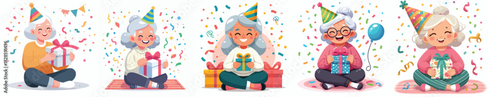 Naklejka premium vector of a granmother sit holding new year gift