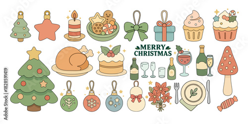 クリスマスアイテムのフラットイラストセット、Flat Christmas Items Illustration Set