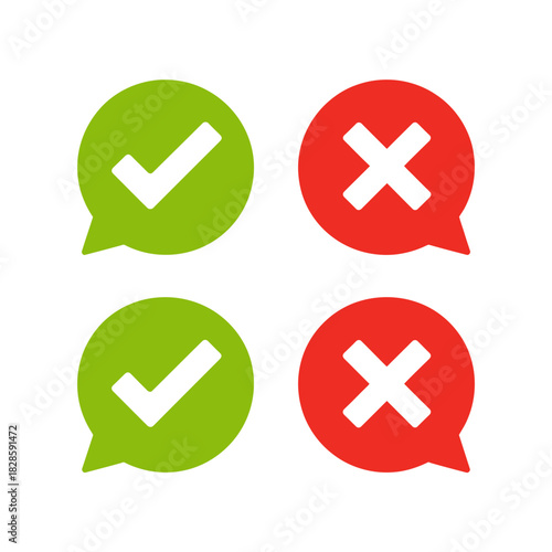 Green Check Mark and Red X Symbols in Speech Bubbles for Voting and Decision Making Concepts