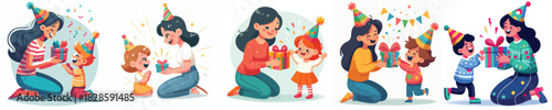 vector mother giving new year gift to child