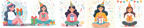 vector of a woman sit holding new year gift