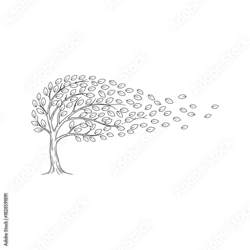 Tree losing leaves in the wind line art. Minimalist vector illustration of autumn, change, and nature's cycle.