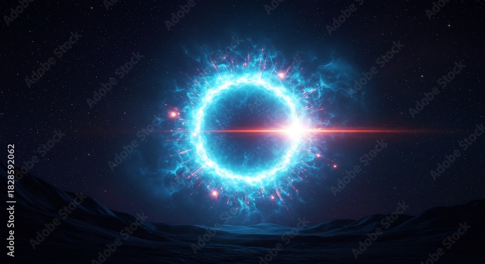 Fototapeta premium 漆黒の広大な宇宙空間に神秘的に浮かび上がる青い光のリングが中心から激しく発光しまばゆい光線を放つ未来への扉を示す幻想的な視覚効果と壮大な美しさ. AI Generated