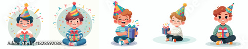 vector of a little boy sit holding new year gift