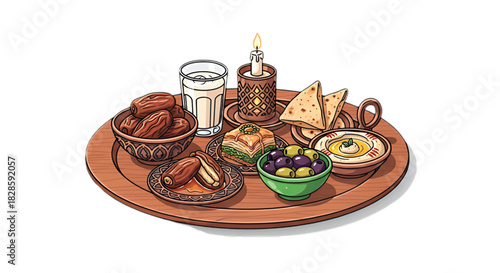 Traditional Middle Eastern Iftar spread with dates, olives, hummus, and sweet pastry, illuminated by candlelight.