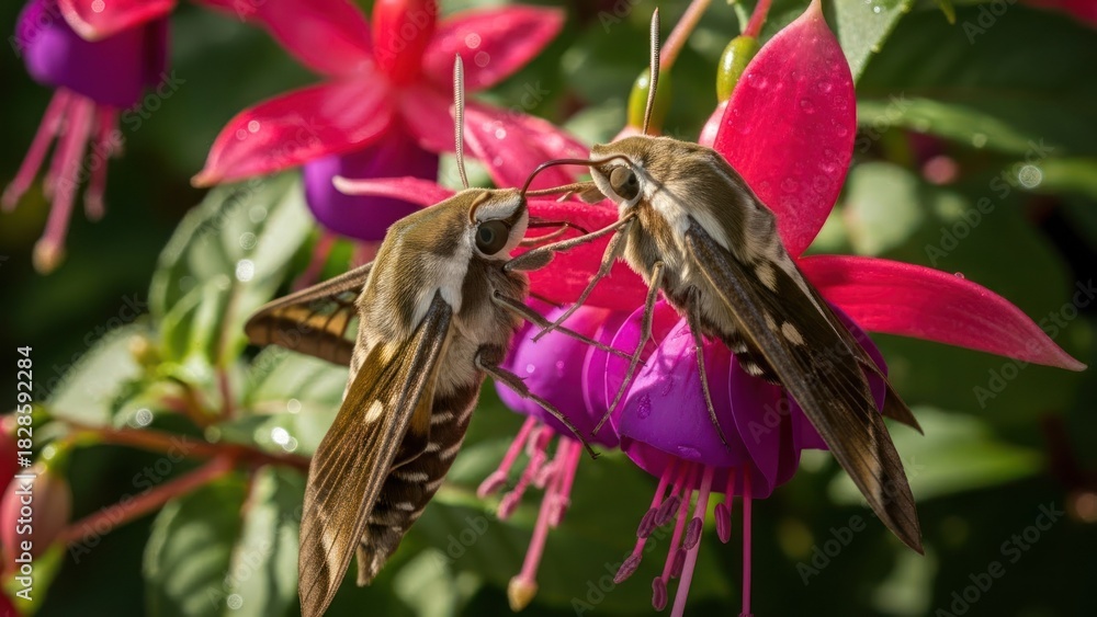 Obraz premium Two hummingbirds on a pink flower with green leaves in a garden setting.