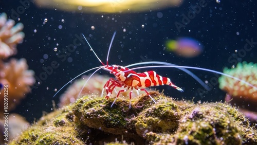 Fototapeta Naklejka Na Ścianę i Meble -  A colorful shrimp with red and white stripes on a coral reef in an aquarium.