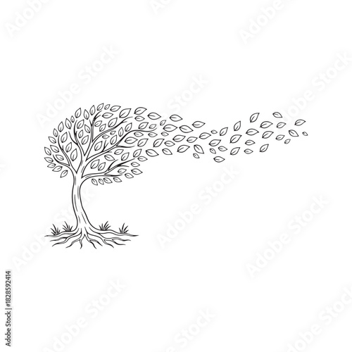 Tree losing leaves in the wind line art. Minimalist vector illustration of autumn, change, and nature's cycle.