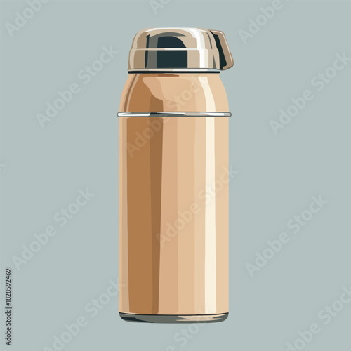 Vector metal thermos for travel and walks. Kitchen item for design. Item for hot drinks.