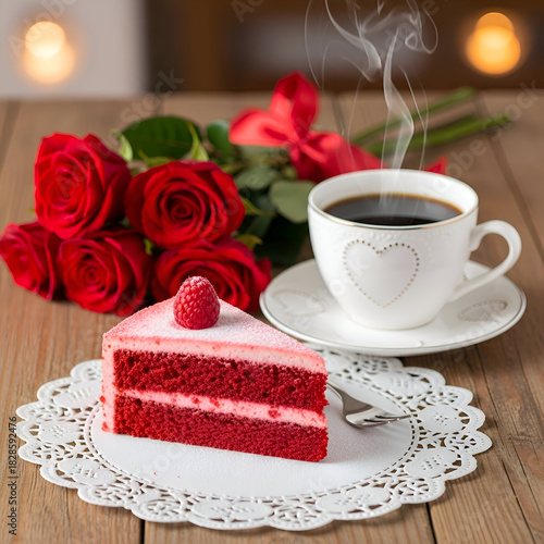 Romantic red velvet cake with roses and coffee for valentines day