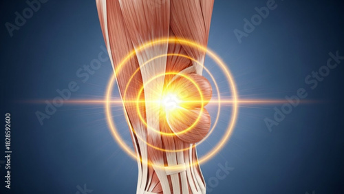 Anatomical illustration of leg muscles with glowing effect highlighting the knee joint area