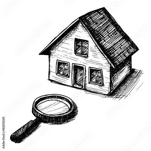 House and magnifying glass sketch icon