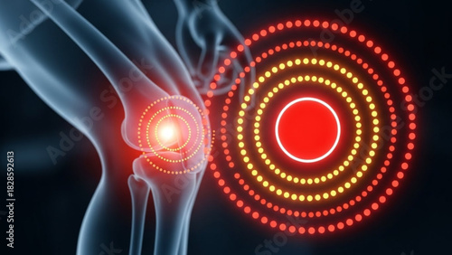 Illustration showing a knee joint with pain radiating outwards in concentric circles and red highlights