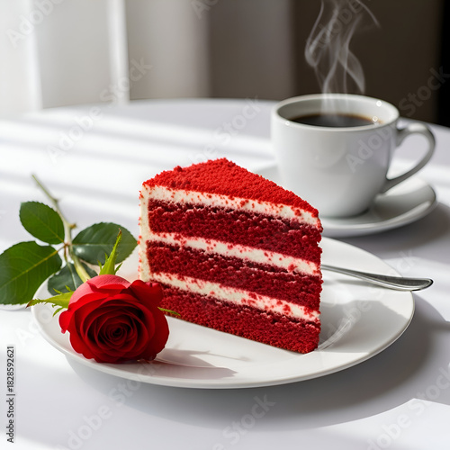 A slice of red velvet cake with a rose and a cup of coffee on a table