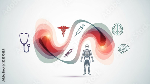 Medical themed illustration with stethoscope, brain, skeleton, and caduceus symbol design