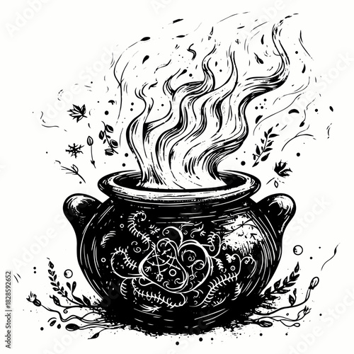 Magic cauldron doodle sketch. Hand drawn wiccan design. Alchemy, potions symbol