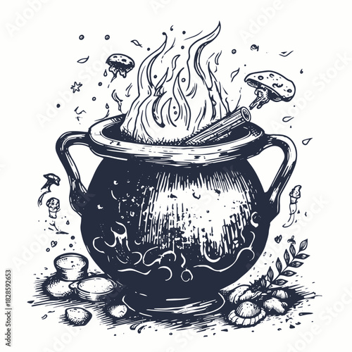 Magic cauldron doodle sketch. Hand drawn wiccan design. Alchemy, potions symbol