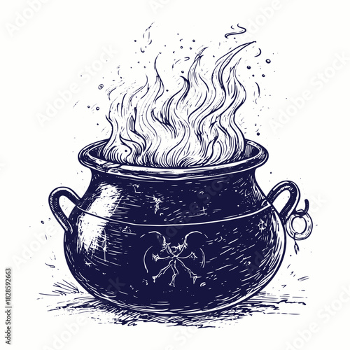Magic cauldron doodle sketch. Hand drawn wiccan design. Alchemy, potions symbol