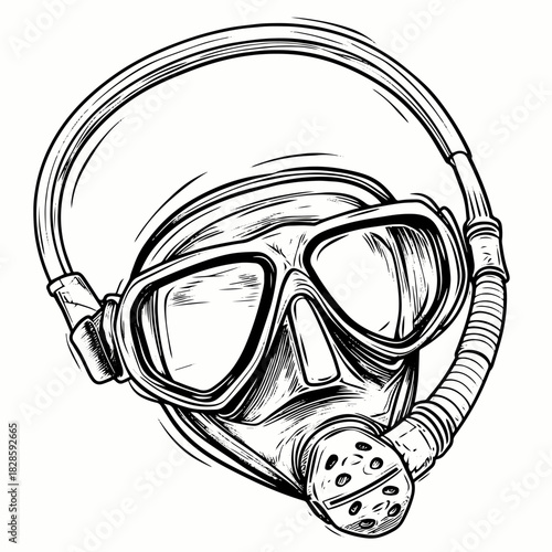 Mask and snorkel for scuba diving. Vector. Outline on an isolated white background. Doodle style. Sketch. Equipment for swimming under the surface of the water. Special device for the diver. Vacation