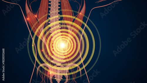 Anatomical illustration showing the spine with radiating circles indicating pain or inflammation area