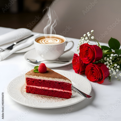 Romantic red velvet cake with coffee and roses on a white table top
