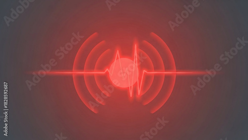 Red heartbeat pulse signal emitting concentric circles on a dark gradient background design element