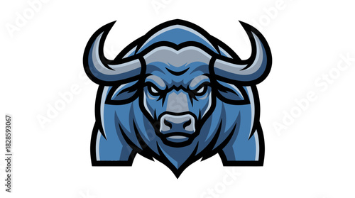 Fierce Blue Buffalo Head Mascot with Intense Gaze for Sports or Wildlife Logo Design