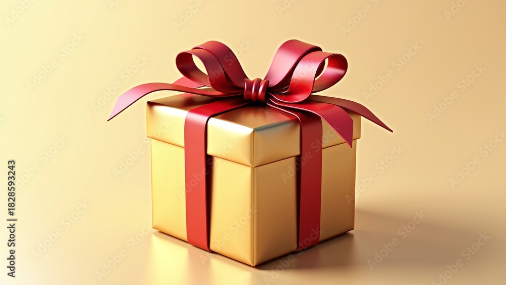 Fototapeta premium Golden gift box with red ribbon bow on beige background for luxury branding marketing materials, corporate gifting promotions, and premium product launch campaigns with copy space
