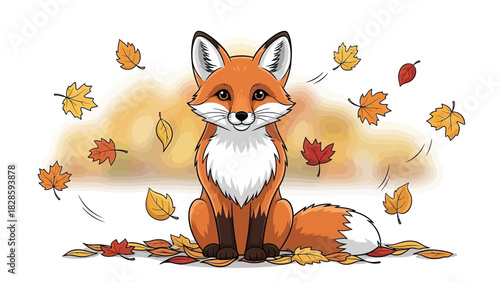 A cute cartoon fox sits among fallen autumn leaves with a blurred background of fall colors.
