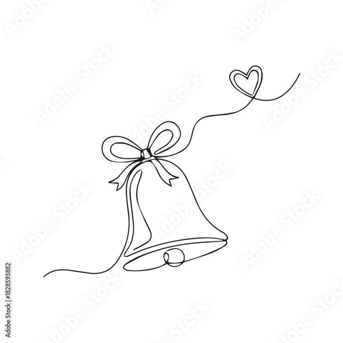 Wedding bell and heart continuous one line drawing. Minimalist romantic art for celebration, invitation, or Valentine's Day.